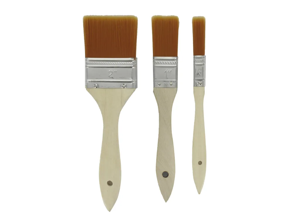 Brosse plate o'color splater poils synthetique 12/25/50mm nylon souples nerveux virole aluminium manche bois naturel 3un