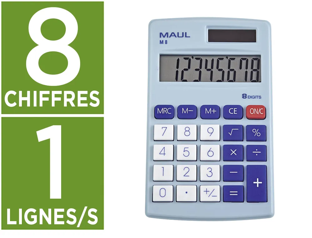 Calculatrice maul poche m8 8 chiffres ecran 1 ligne 3 touches memoires touche pourcentage calcul racines coloris bleu
