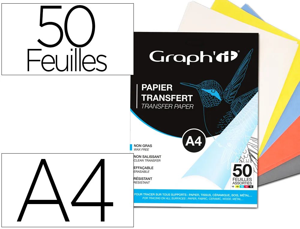 Papier transfert graph'it tous supports a4 21x29,7cm 5 coloris assortis pochette 50 feuilles