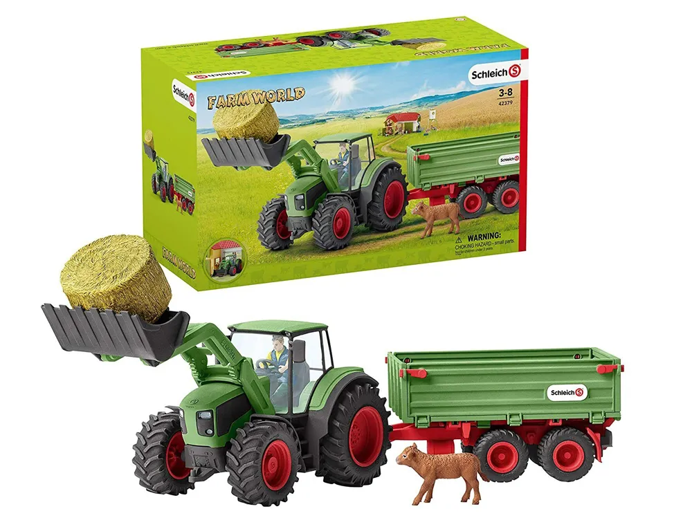 Boite de jeux schleich farm world tracteur convoyeur a foin avec remorque