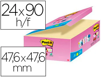 Bloc-notes post-it super sticky 47.6x47.6mm repositionnables adhésif renforcé 90f/bloc coloris jaune 24 blocs+3 offerts
