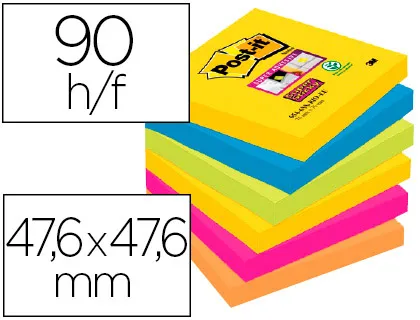 POST-IT Bloc-notes repositionnables super sticky carnival 47.6x47.6mm 90f Coloris néon - lot de 12 blocs