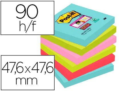 Bloc-notes post-it super sticky couleur carnival 47,6x47,6mm90 feuilles dhésif re nforcé bleu vert rose 12 blocs