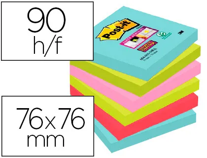 Bloc-notes post-it super sticky couleurs carnival 76x76mm 90 feuilles adhesives renforcebleu vert rose 6 blocs