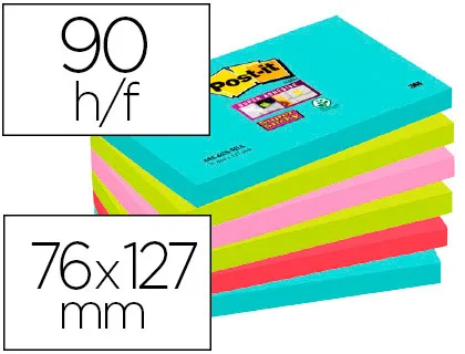 Bloc-notes post-it super sticky couleur carnival 76x127mm 90f ahesif renforce bleu vert rose 6 blocs 655655