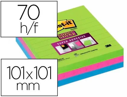 Bloc-notes post-it super sticky couleur carnival 101x101mm 90feuilles adhesif renforce bleu vert rose 3 blocs