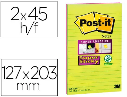 Bloc-notes post-it super sticky grand format 127x203mm 45f lignées repositionnables coloris vert néon/fuchsia 2 blocs