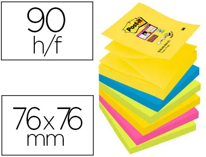 Bloc-notes post-it recharges z-notes super sticky carnival 76x76mm 100f reposit adhesif renforcé 6 blocs