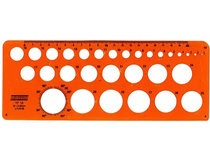 Normographe minerva cercles impairs/pairs standard n.18 pochoir diamètre 1mm à 30mm en plastique coloris orange
