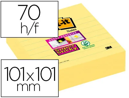Bloc-notes post-it super sticky grand format 101x101mm 70f lignées adhésif renforcé coloris jaune 3 blocs