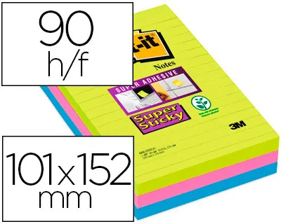 Bloc-notes post-it super sticky grand format 101x152mm 90f lignées adhésif renforcé vert néon/fuschia/bleu 3 blocs