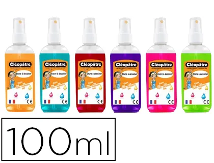 Encre à dessiner cléopâtre vaporisateur rechargeable coloris orange turquoise carmin violet rose et vert 100ml lot 6u