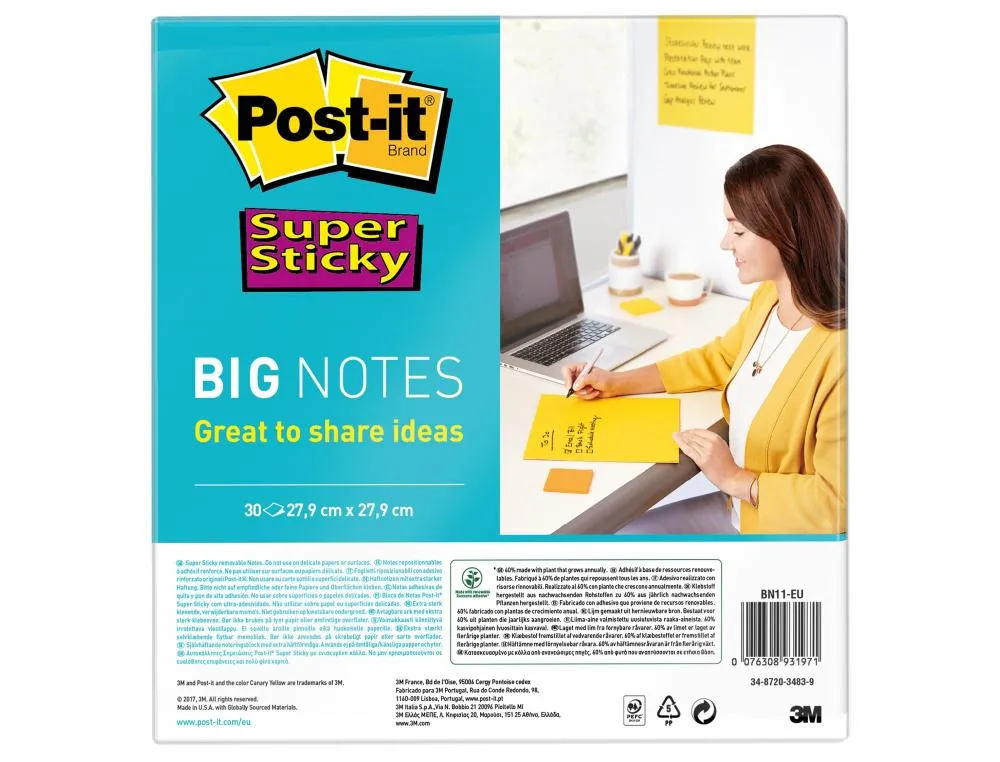 Big notes post-it super sticky 279x279mm 30 feuilles couleur jaune