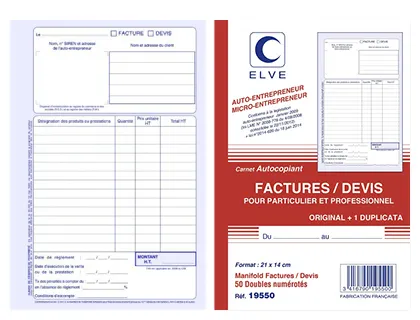 Carnet elve factures/devis pour auto-entrepreneurs 21x14cm 50 duplis