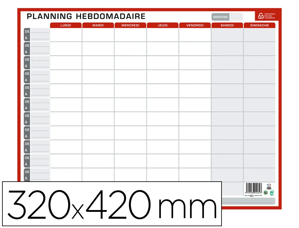 Planning bouchut grandremy hebdo et annuel perpétuel recto grille hebdomadaire verso grille 12 mois 320x420mm
