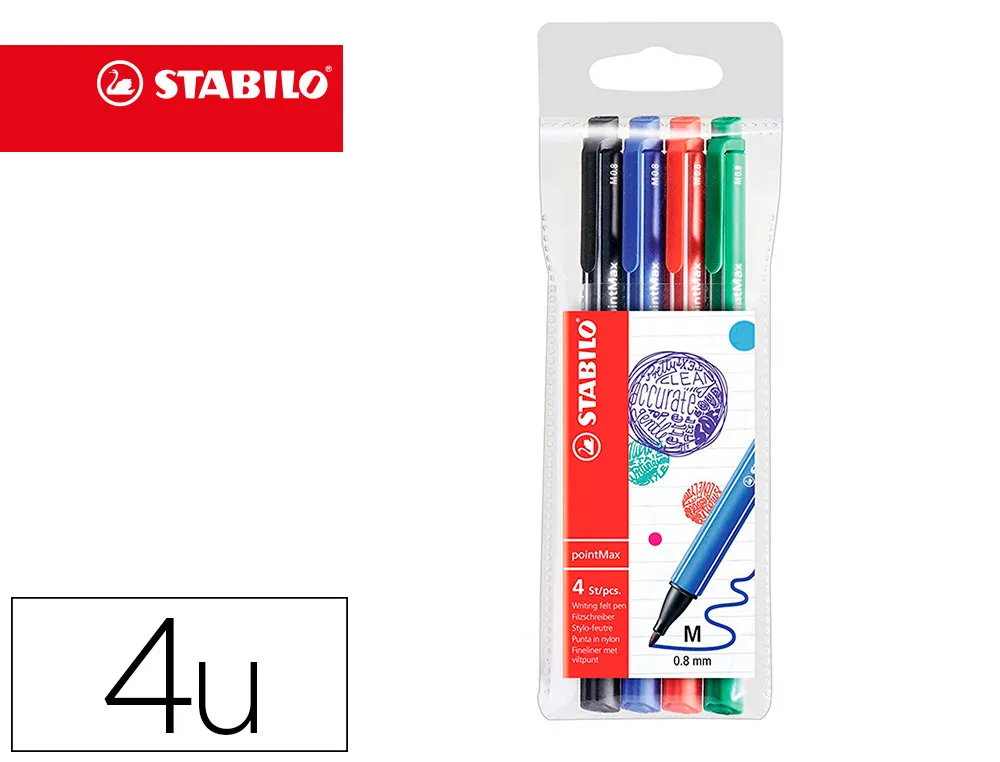 Stylo-feutre stabilo pointmax coloris noir bleu vert rouge pochette de 4 unités