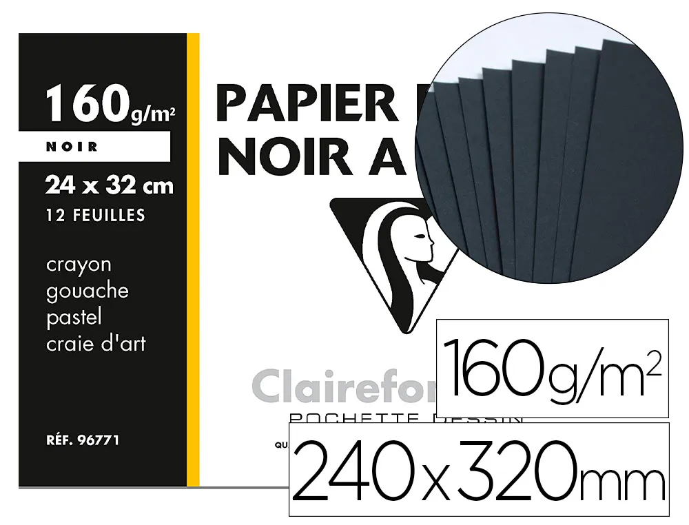 Papier dessin clairefontaine mi-teinte noir grain moyen A4+ 24x32cm crayon gouache pastel craie art pochette 12 feuilles