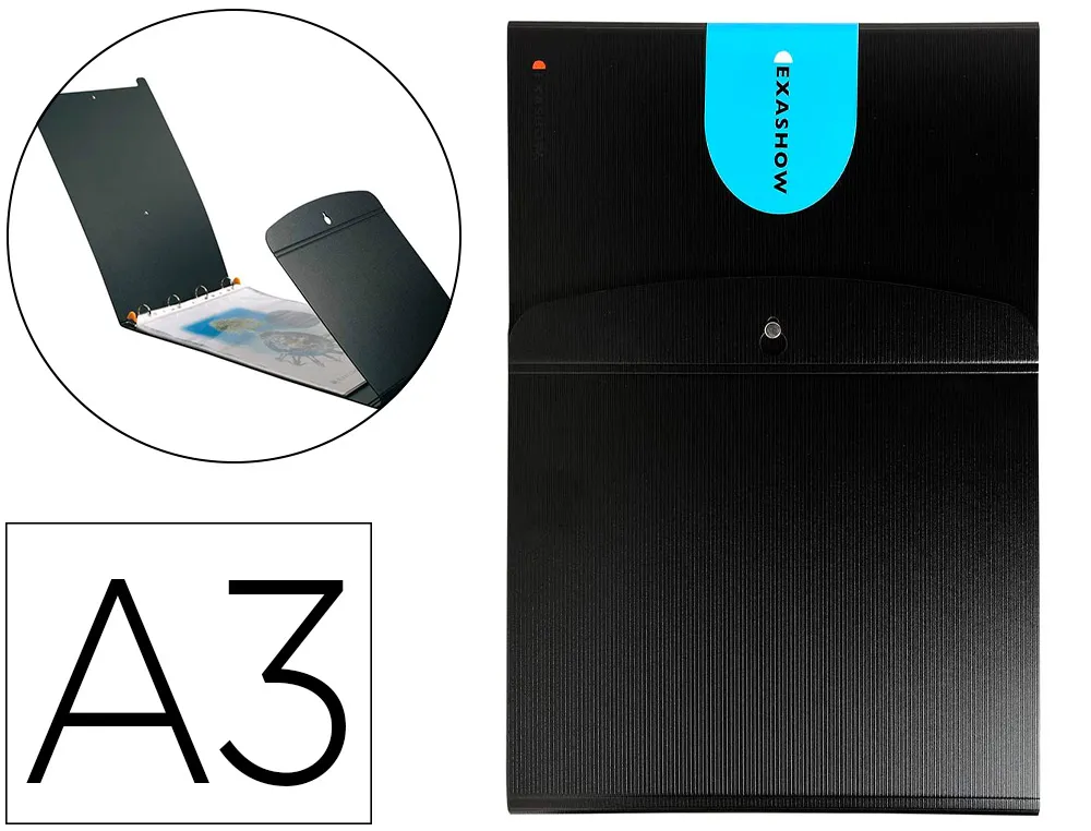 Classeur de présentation exacompta exashow 4 anneaux 30mm polypropylène A3 32x49cm chevalet 20 pochettes perforées noir