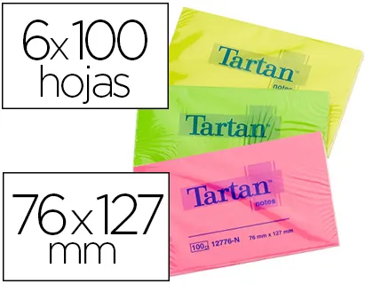 Bloc-notes post-it tartan 76x127mm 100f/bloc repositionnables coloris neon assortis lots 6 blocs