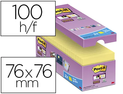 Bloc-notes post-it 76x76mm 100f/bloc repositionnables coloris jaune lot 16 blocs + 4 gratuits