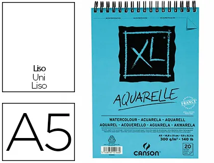 Album canson xl aquarelle a spirale papier grain fin blanc 300g A5 14,8x21cm 20f