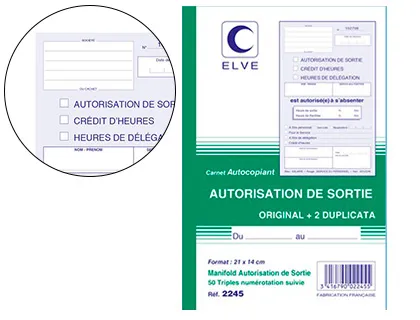 Carnet elve autocopiant auto sortie 21x14cm delegues syndicaux 50 feuillets numerotes triplis bleu rouge