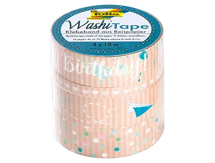 Ruban adhesif decoratif washi tape papier kraft ii happy birthday longueur 10m pack 4 rouleaux 3x15mm + 1x5mm