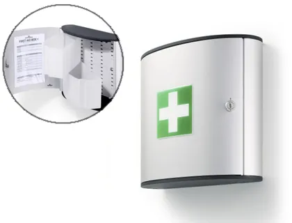 Armoire a pharmacie durable first aid 3 compartiments pivotants serrure cle livre vide h280xl302xp118mm