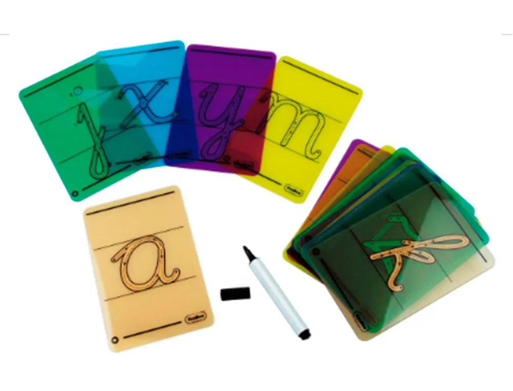 Carte lettres a tracer minuscules plastique translucide lavable 160x90mm 26 unites + 1 feutre