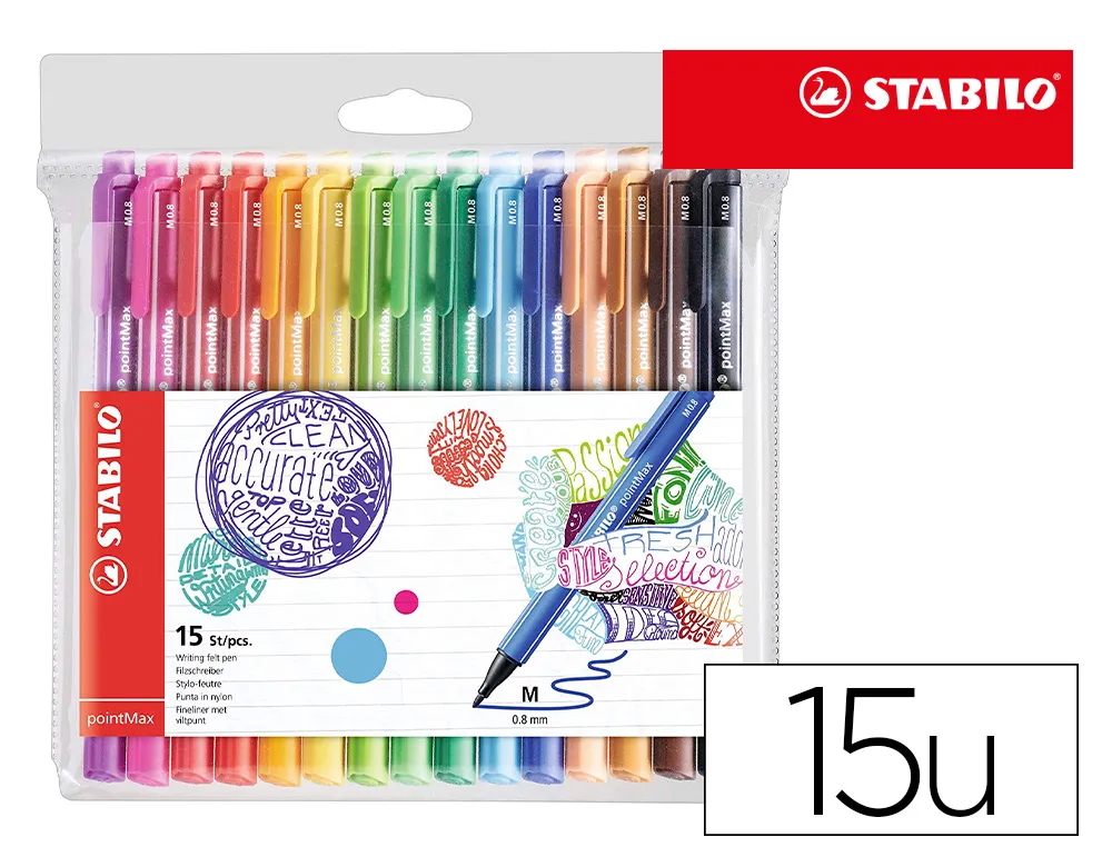 Stylo-feutre stabilo pointmax trace 0,8mm pointe moyenne nylon ultra robuste pochette 15 unites assorties