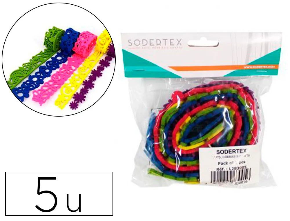 Rubans de feutrine sodertex 3mm 5 pcs coloris rose bleu vert violet et jaune