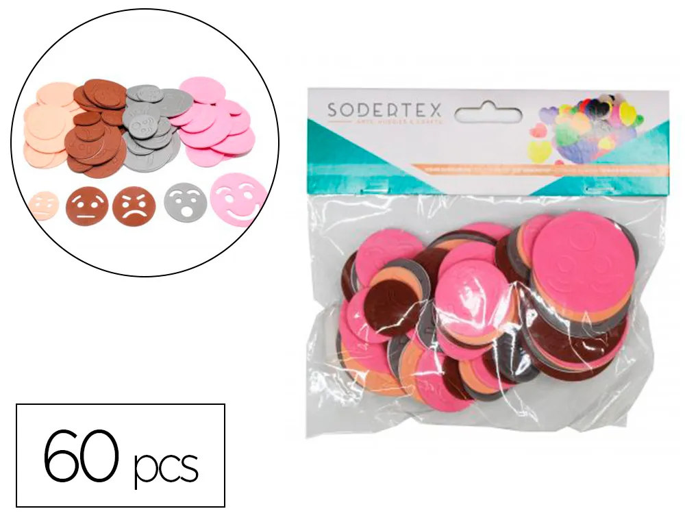 Visages expressifs sodertex en mousse eva 2mm 3 tailles 60 pcs coloris assortis