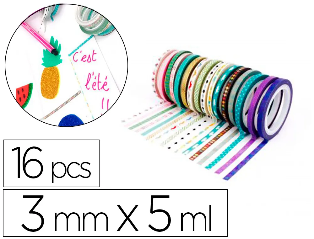 Mini rubans adhesifs sodertex theme instant poesie 3mmx5ml motifs et coloris assortis 16 pcs