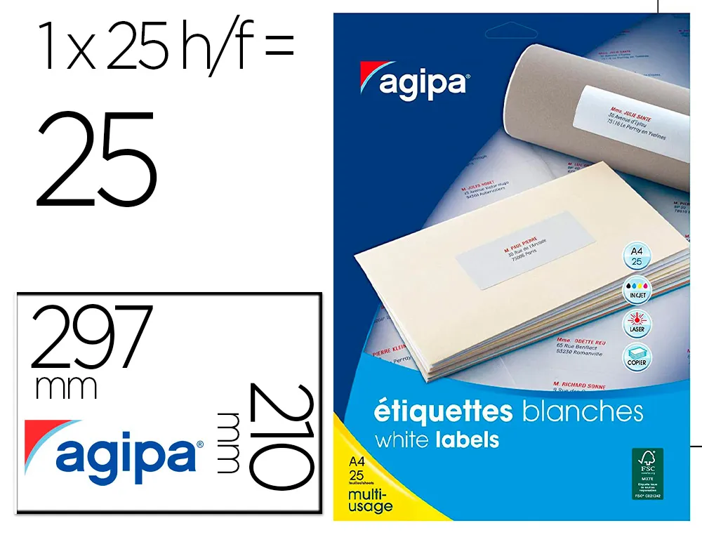 Etiquette multi-usage apli agipa format A4 210x297mm coins droits 25 feuilles 25 unites