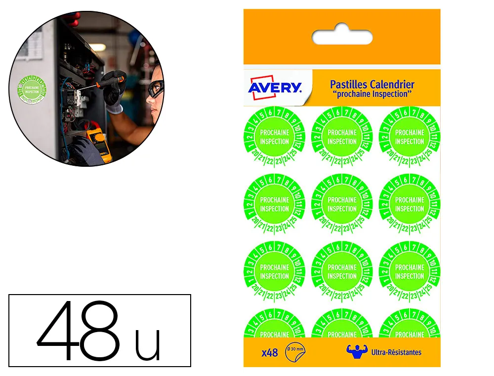 Pastille calendrier avery prochaine inspection diamètre 30mm polyéthylène étirable résiste température extrême 48 unités