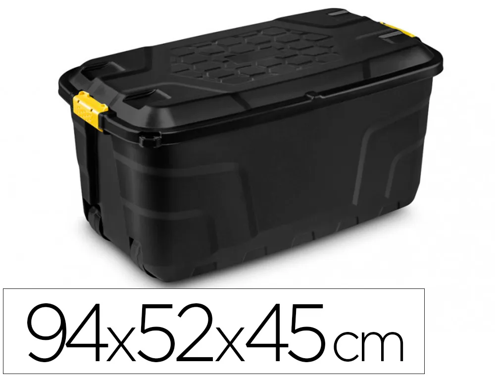 Boite rangement strata heavy duty 145l polypropylene tres robuste 2 poignées clips jaunes 94x52x45cm coloris noir