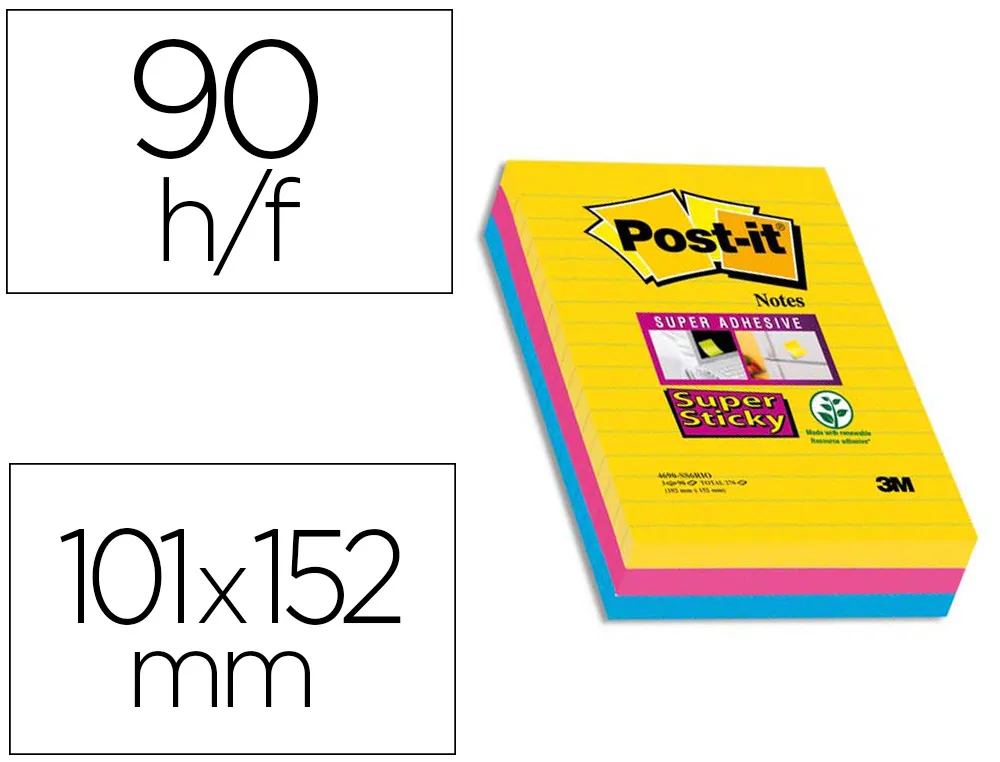 Bloc-notes post-it super sticky ligné 101x152mm 90f coloris rio assortis lot 3 blocs