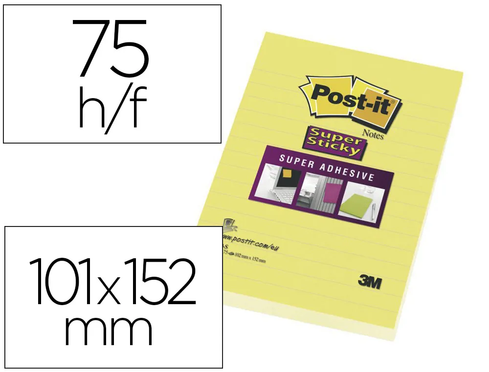 Bloc-notes post-it super sticky ligné 101x152mm 75f coloris jaune fluo lot 6 blocs