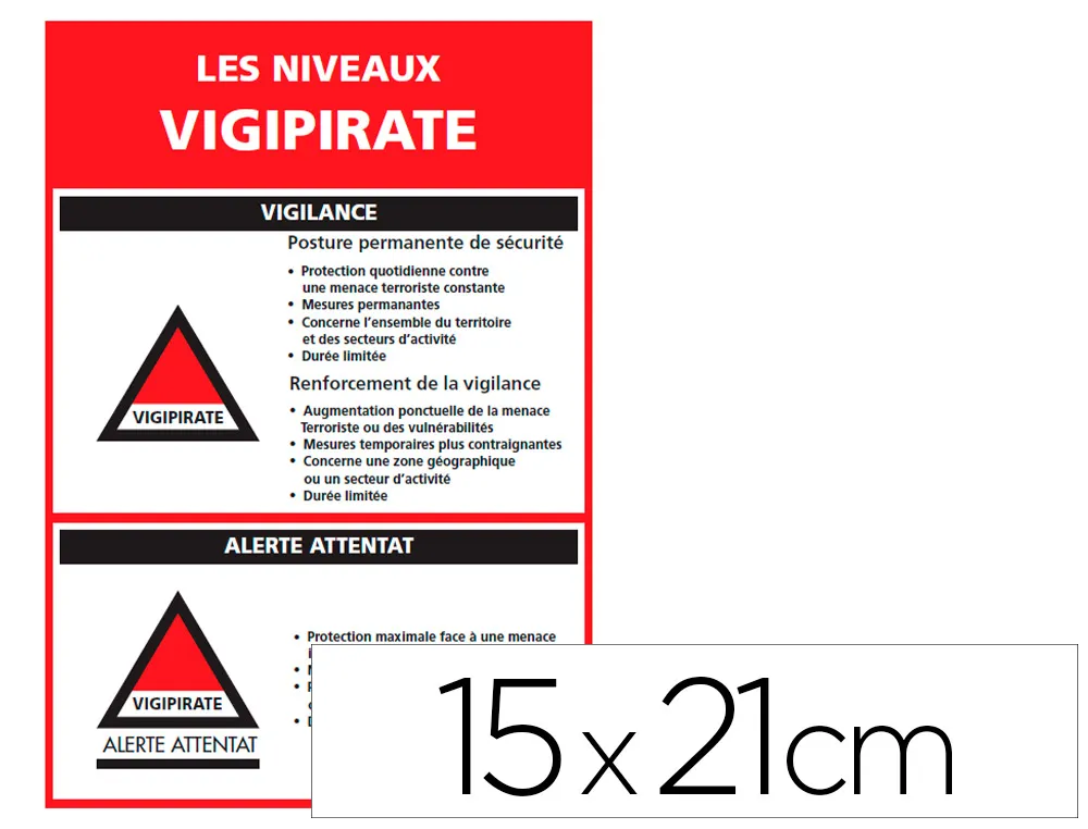 Panneau de signalisation vigipirate pvc signaletique biz niveaux d'alertes 15x21cm