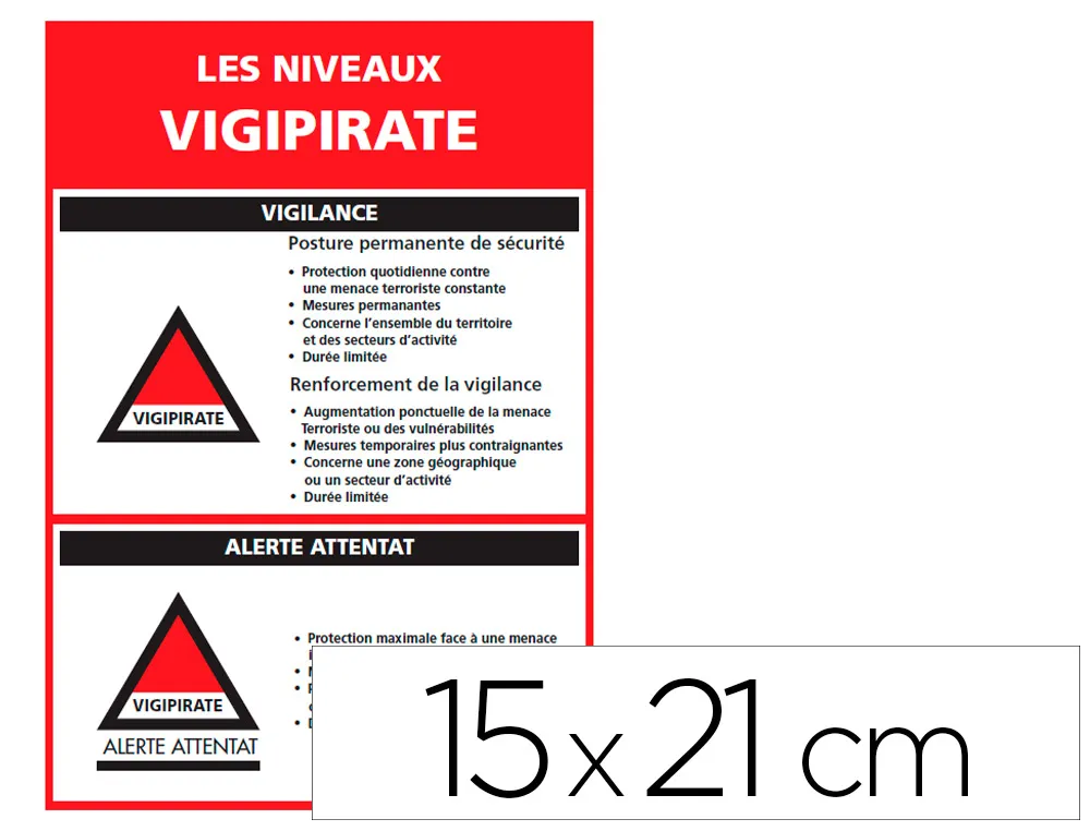 Panneau de signalisation vigipirate adhesif signaletique biz niveaux d'alertes 15x21cm
