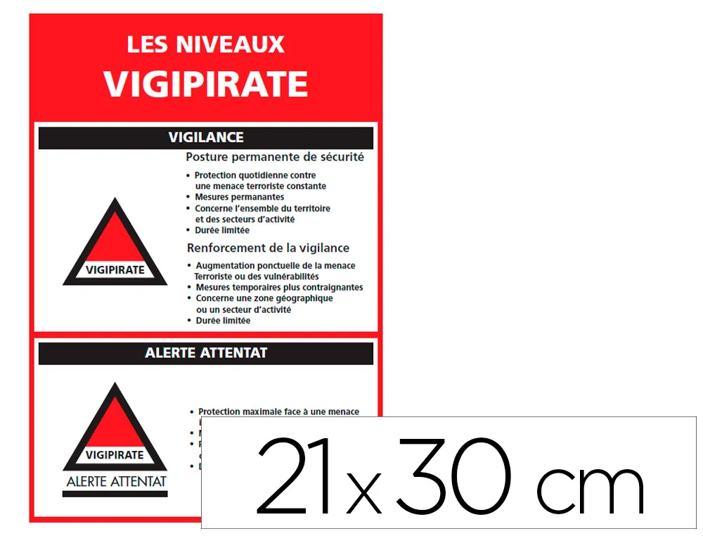 Panneau de signalisation vigipirate adhesif signaletique biz niveaux d'alertes 21x30cm