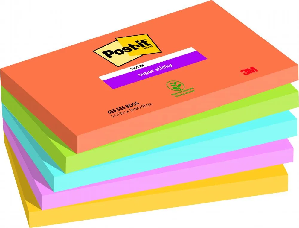 Post-it sticky 76x127 boostp/5note repositionnable - super sticky bloc boost 76x127mm - lot de 5