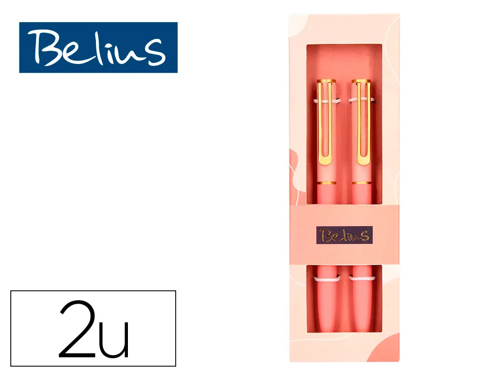Stylo-bille belius bari pointe 1 mm encre bleu coloris rose pastel boite cadeau de 2 u