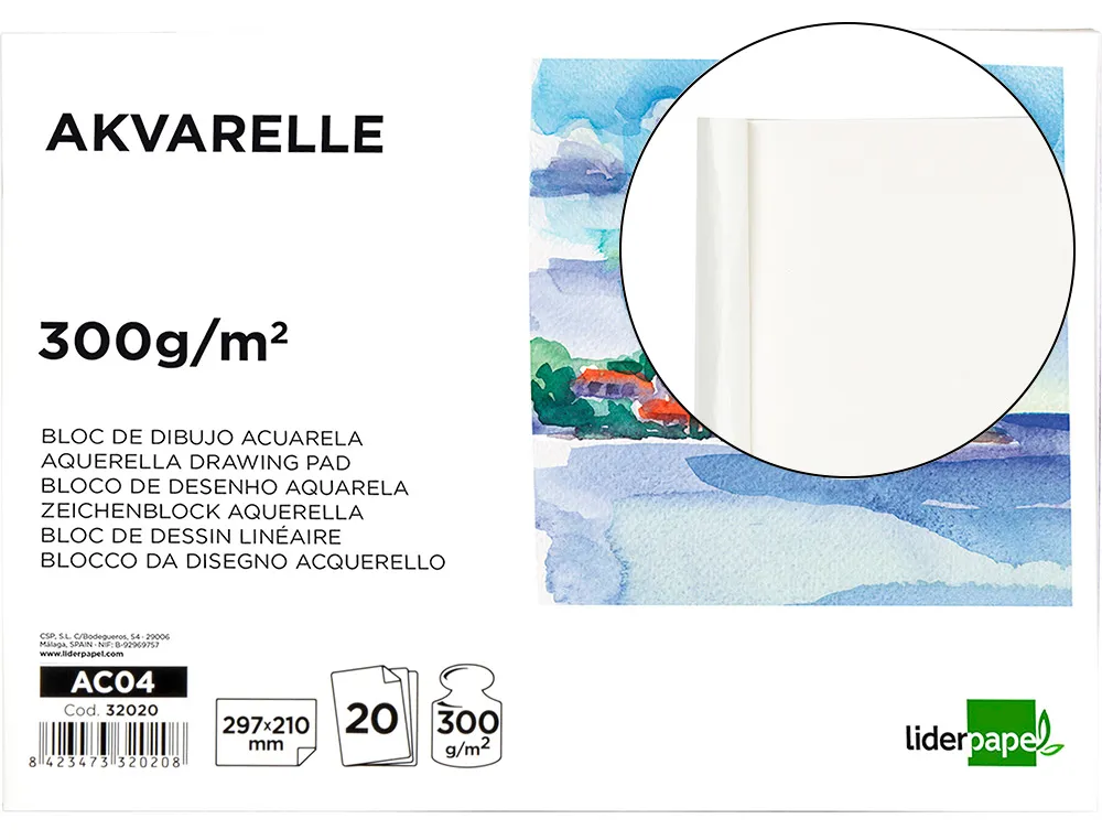 Bloc dessin liderpapel aquarelle encollé papier grain moyen lisse 300g/m2 format a4 297x210mm 20f