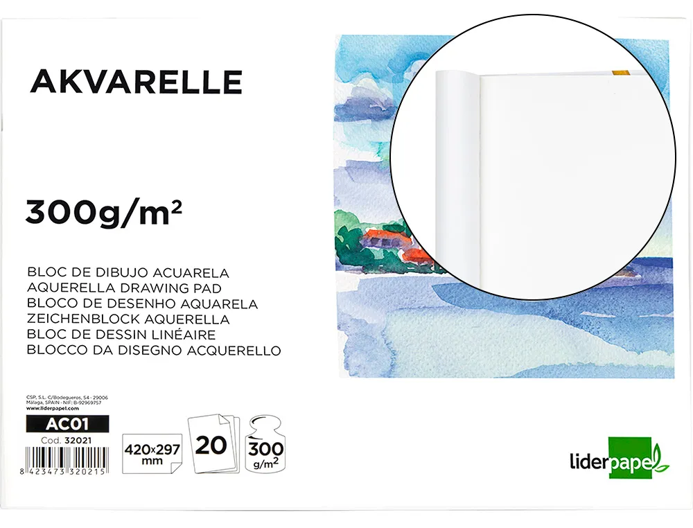 Bloc dessin liderpapel aquarelle encollé papier grain moyen lisse 300g/m2 format a3 420x297mm 20f