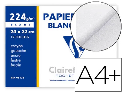 Papier dessin clairefontaine grain léger prononcé sans acide blancheur naturelle 224g A4+ pochette 12f
