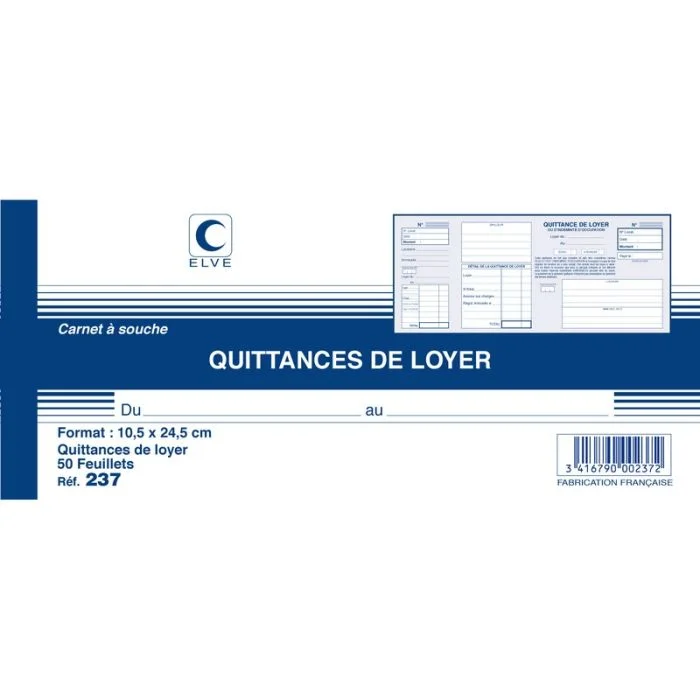 QUITTANCE DE LOYER Carnet à souche - 105 x 245 mm Elve 237