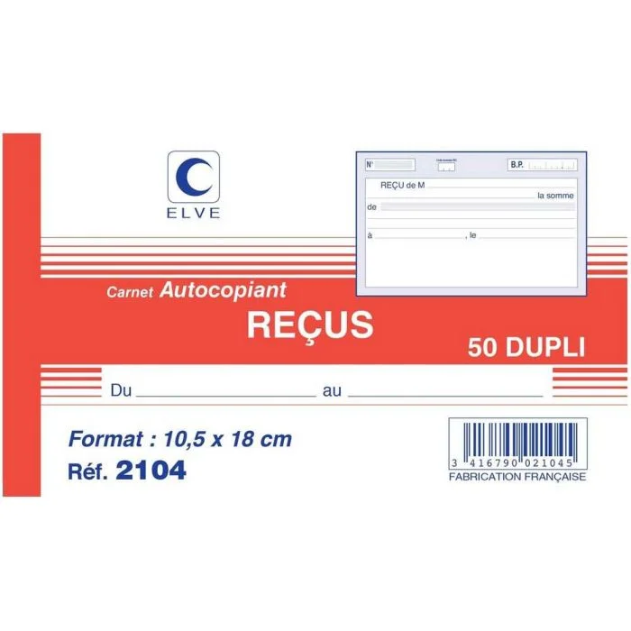 REÇUS sans TVA Carnet autocopiant Dupli - 105 x 180 mm ELVE