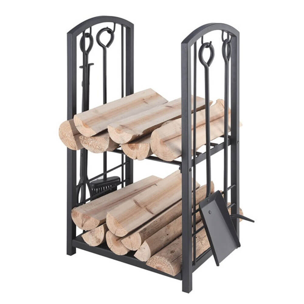 Rack en bois en acier à 2 niveaux avec 4pc Firetools (BLK 73 cm H)