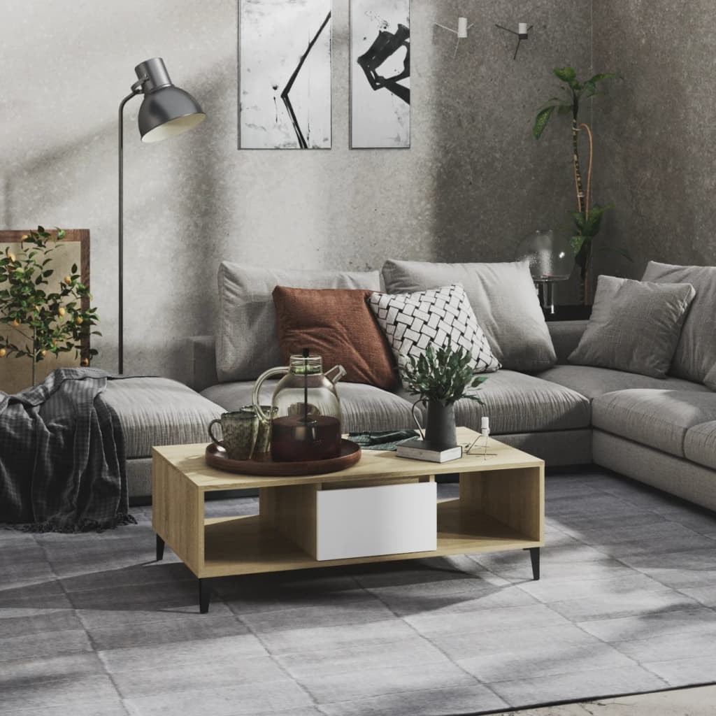 Table basse Blanc et chêne sonoma 103,5x60x35 cm Aggloméré